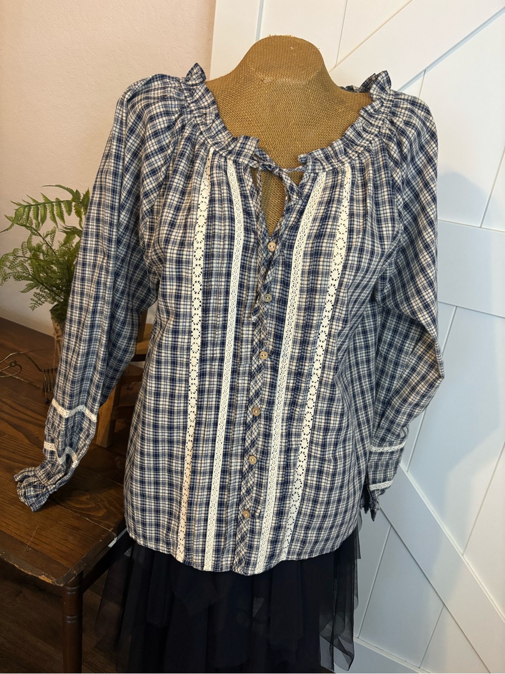 Easel Blue Plaid Button-Front Peasant Blouse with Lace Insets